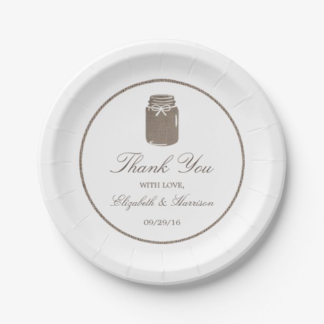 Rustic Burlap Mason Jar Wedding Paper Plate (Front)