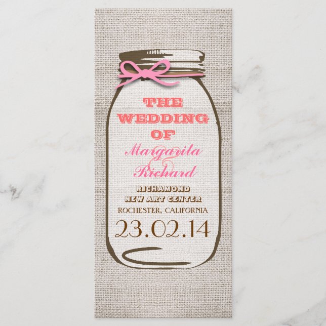 Rustic burlap mason jar wedding programs (Front)