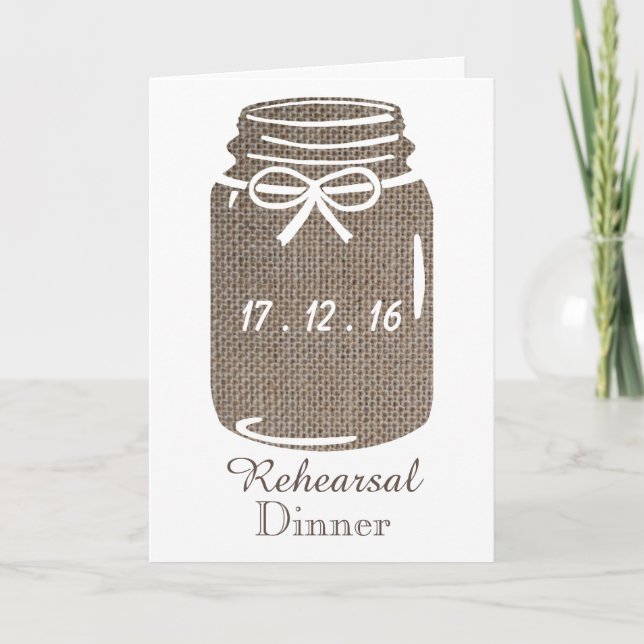Rustic Burlap Mason Jar Wedding Rehearsal Dinner Invitation (Front)