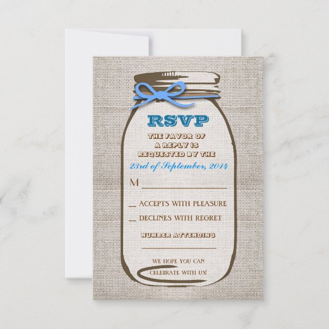 Rustic Burlap Mason Jar Wedding RSVP cards (Front)
