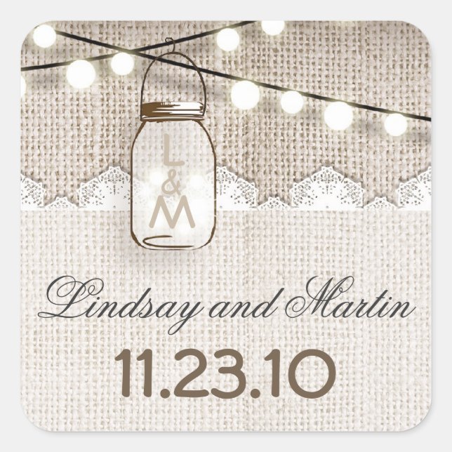 rustic burlap mason jar wedding stickers (Front)