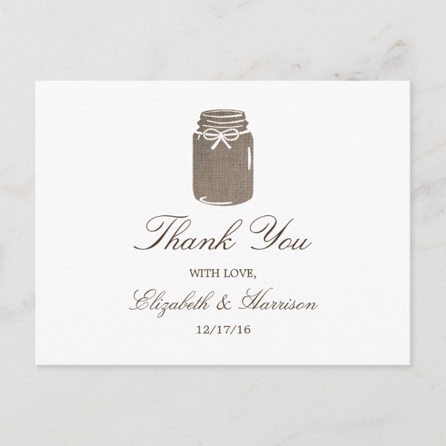 Rustic Burlap Mason Jar Wedding Thank You Postcard (Front)