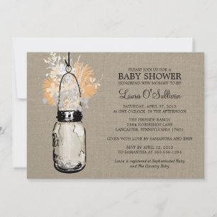 Rustic Burlap Mason Jar Wildflowers Baby Shower Invitation