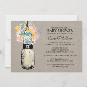 Rustic Burlap Mason Jar Wildflowers Baby Shower Invitation