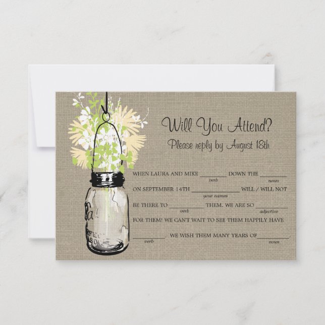 Rustic Burlap Mason Jar Wildflowers LIB RSVP Card (Front)