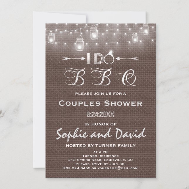Rustic Burlap Mason Jars String Lights I DO BBQ Invitation (Front)