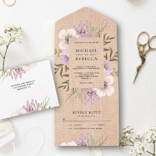 Rustic Burlap Mauve Purple Floral Bouquet Wedding All In One Invitation