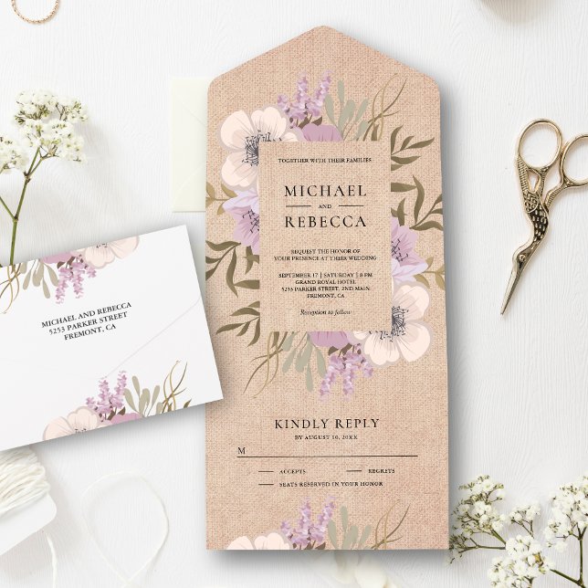 Rustic Burlap Mauve Purple Floral Bouquet Wedding All In One Invitation (Creator Uploaded)