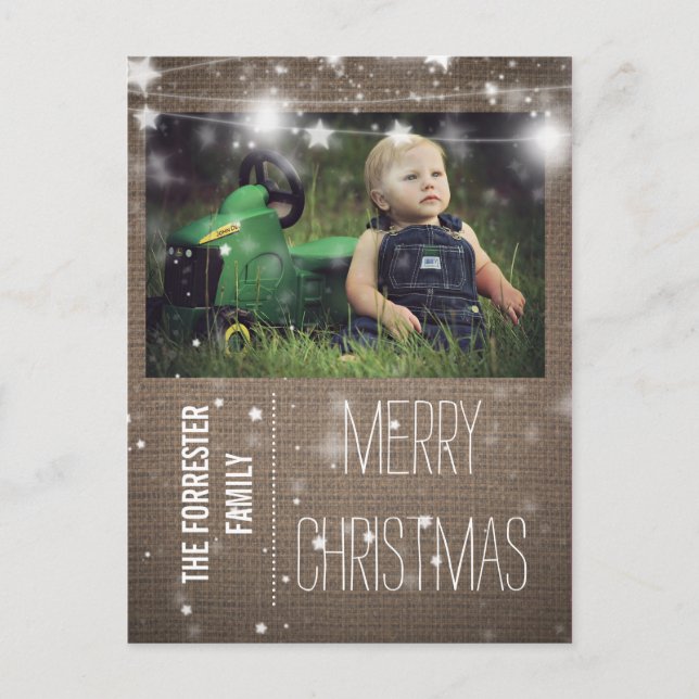 Rustic Burlap Merry Christmas Stars Family Photo Holiday Postcard (Front)