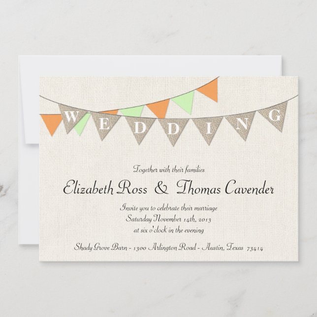Rustic Burlap Mint Pennant Wedding Invitation (Front)