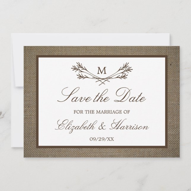Rustic Burlap Monogram Branch Save The Date (Front)