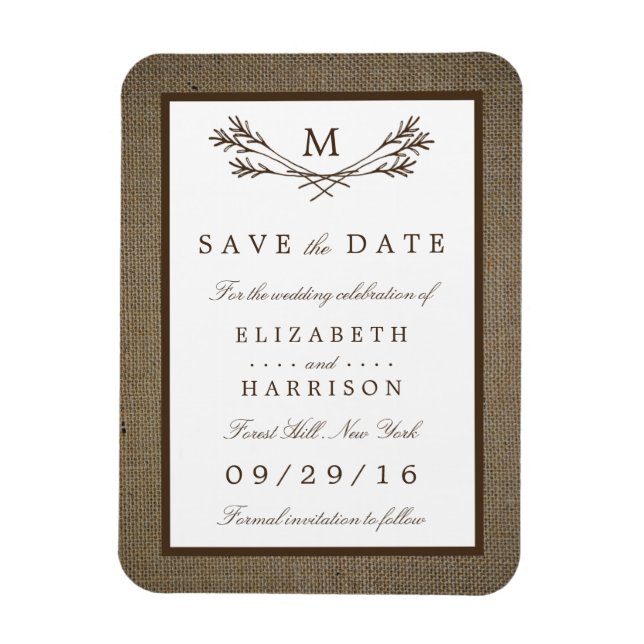 Rustic Burlap Monogram Branch Save The Date Magnet (Vertical)