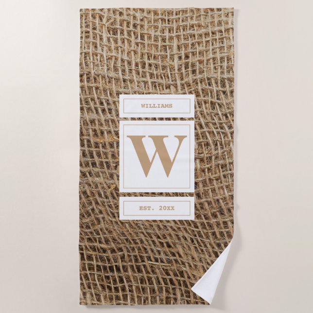 Rustic Burlap Monogram Initial  Beach Towel (Front)