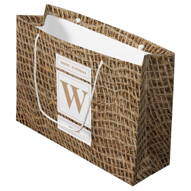 Rustic Burlap Monogram Initial Birthday Large Gift Bag (Front Angled)