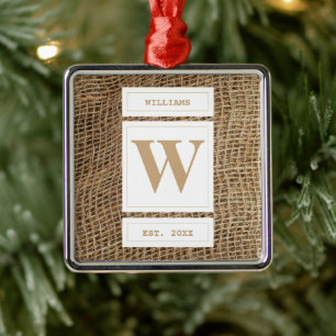 Rustic Burlap Monogram Initial Metal Ornament