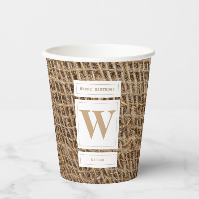 Rustic Burlap Monogram Initial Paper Cups (Front)