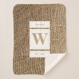 Rustic Burlap Monogram Initial Sherpa Blanket