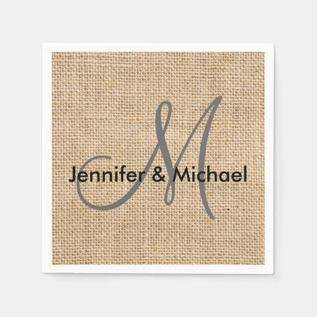 Rustic Burlap Monogram Wedding Bride Groom Names Napkin (Front)