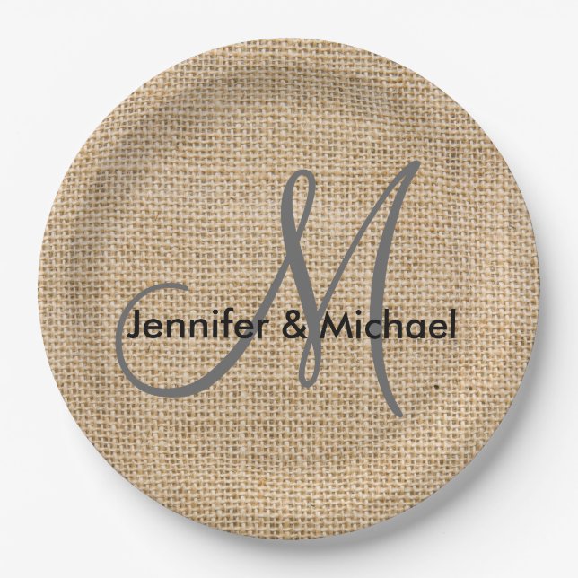 Rustic Burlap Monogram Wedding Bride Groom Names Paper Plate (Front)