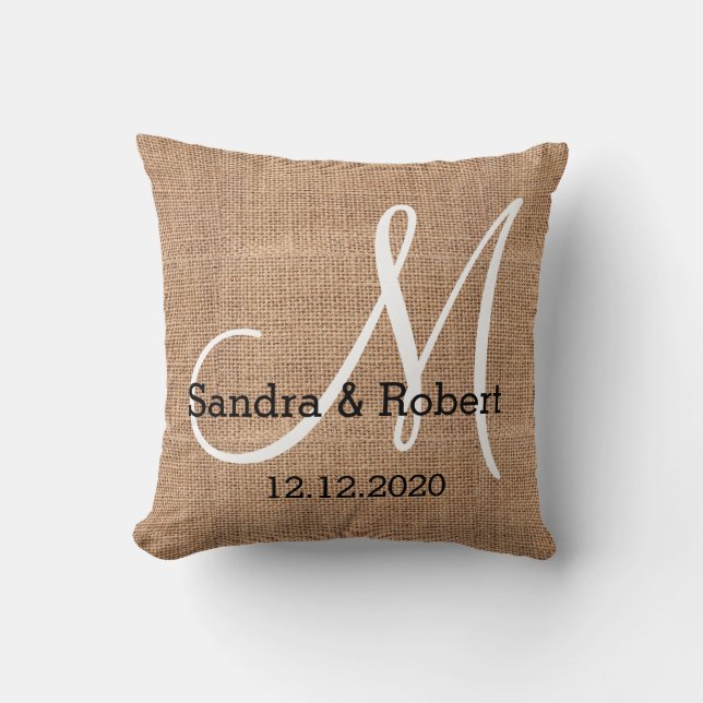 Rustic Burlap Monogram Wedding Keepsake Cushion (Front)