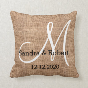 Rustic Burlap Monogram Wedding Keepsake Cushion