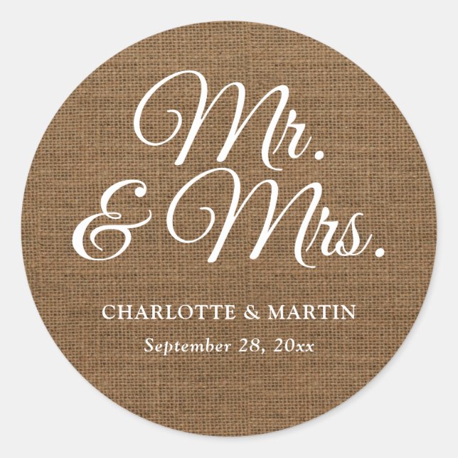 Rustic Burlap Mr and Mrs Wedding Classic Round Sticker (Front)