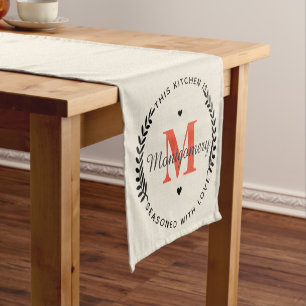 Rustic Burlap Orange Monogram Seasoned With Love Short Table Runner
