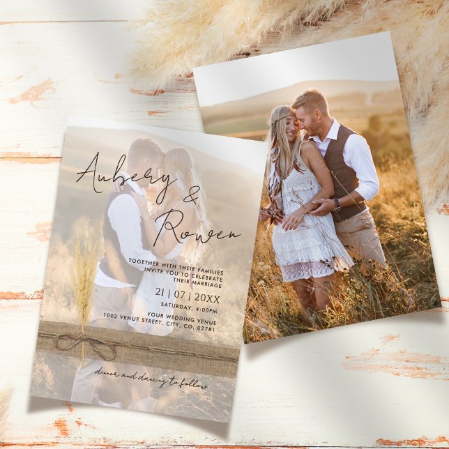 Rustic Burlap Pampass Grass Eco Boho Photo Wedding Invitation (Creator Uploaded)