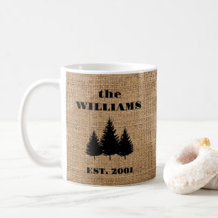 Rustic burlap personalised family coffee mug