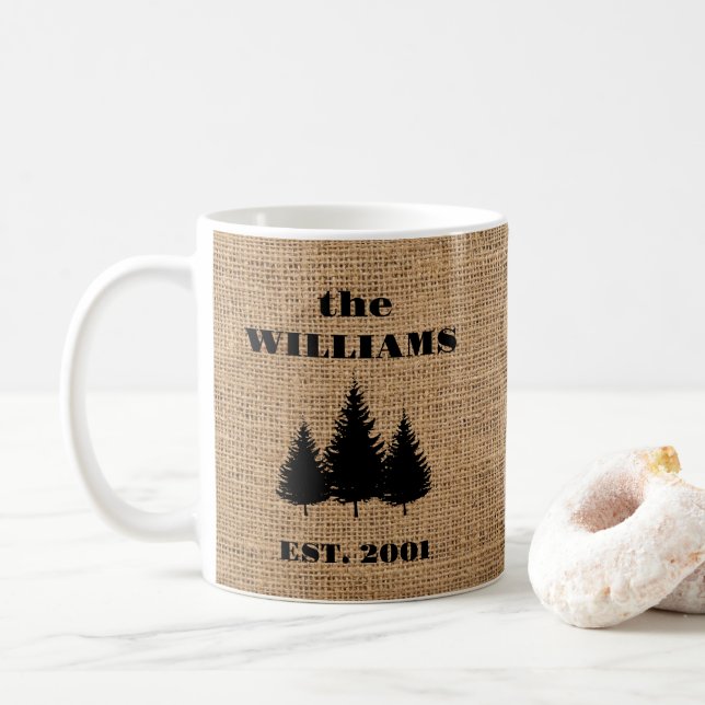 Rustic burlap personalised family coffee mug (With Donut)