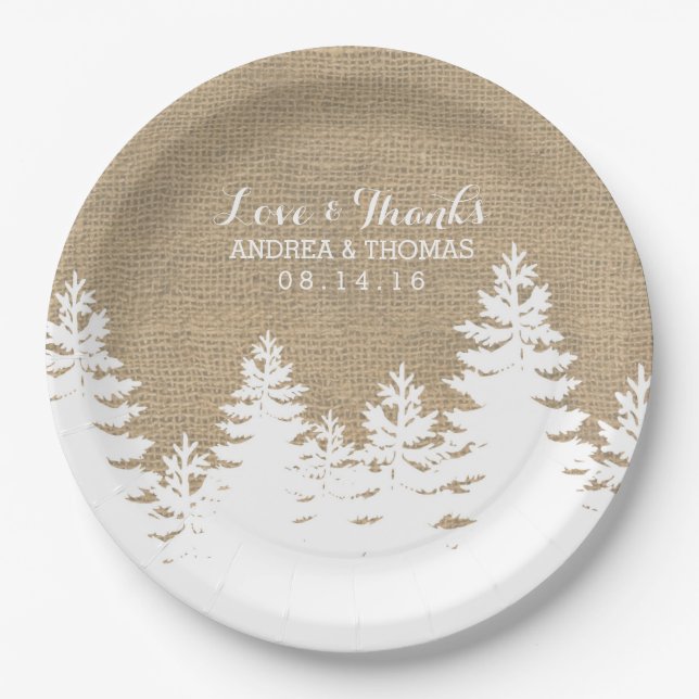 Rustic Burlap Pine Trees Winter Wedding Plates (Front)
