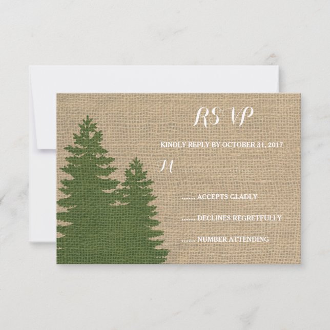Rustic Burlap Pine Trees Winter Wedding RSVP Card (Front)