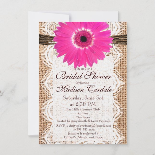 Rustic Burlap Pink Daisy Bridal Shower Invitations (Front)