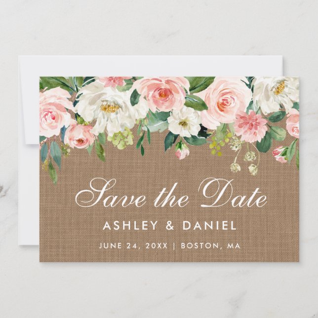 Rustic Burlap Pink White Floral Save The Date Card (Front)