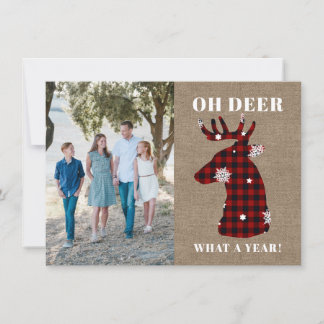 Rustic Burlap Plaid Snowflake Oh Deer Photo Holiday Card