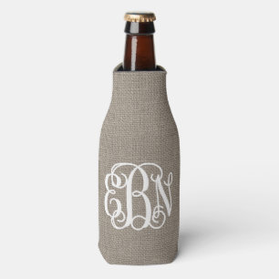 Rustic Burlap Preppy Script Monogram Bottle Cooler