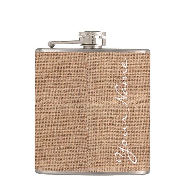 Rustic Burlap Print Personalised Hip Flask (Front)