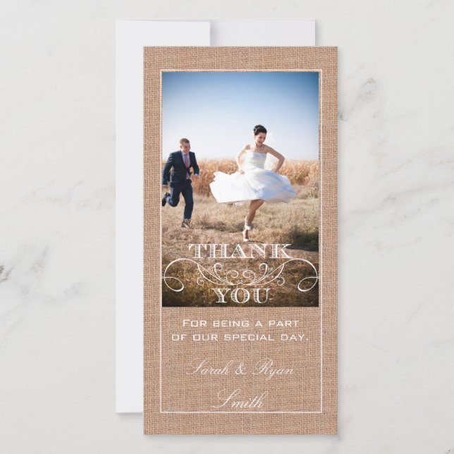 Rustic Burlap Print Wedding Thank You Photo Cards (Front)