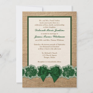 Rustic Burlap, PRINTED Lace, Bow Wedding Invite 2