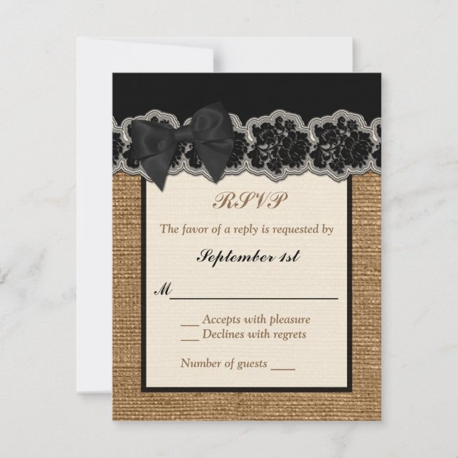 Rustic Burlap, PRINTED Lace, Bow Wedding RSVP Card (Front)