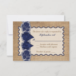 Rustic Burlap, PRINTED Lace, Bow Wedding RSVP Card