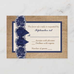 Rustic Burlap, PRINTED Lace, Bow Wedding RSVP Card