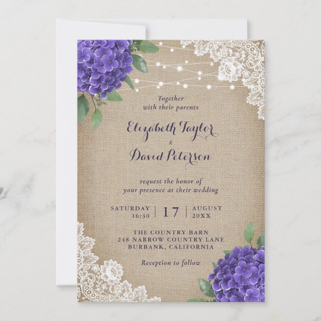Rustic Burlap Purple Hydrangea Wedding Invitations (Front)