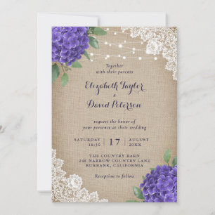 Rustic Burlap Purple Hydrangea Wedding Invitations