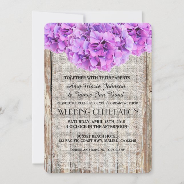 Rustic burlap purple hydrangea wedding invites ph1 (Front)