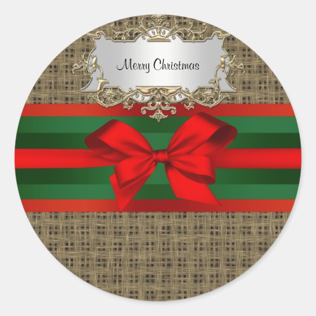 Rustic Burlap Red Green Bow Ribbon Classic Round Sticker (Front)