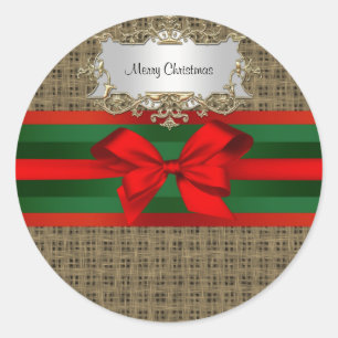 Rustic Burlap Red Green Bow Ribbon Classic Round Sticker