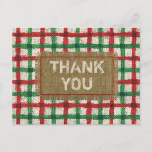 Rustic Burlap Red Green Plaid Holiday Thank You Postcard