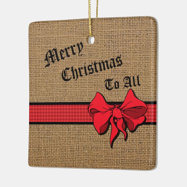 Rustic Burlap Red Trim Personalized Ceramic Ornament (Left)