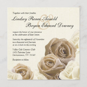 Rustic Burlap Rose Flowers Wedding Invitation